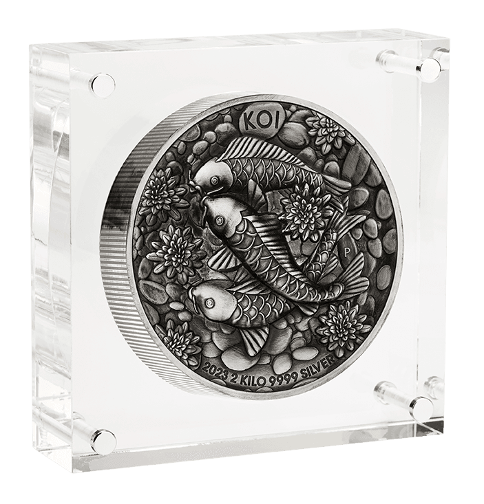 23P74AAA-2023-koi-fish-2-kilo-silver-antiqued-high-relief-coin-2023-koi-fish-2-kilo-silver-antiqued-high-relief-coin