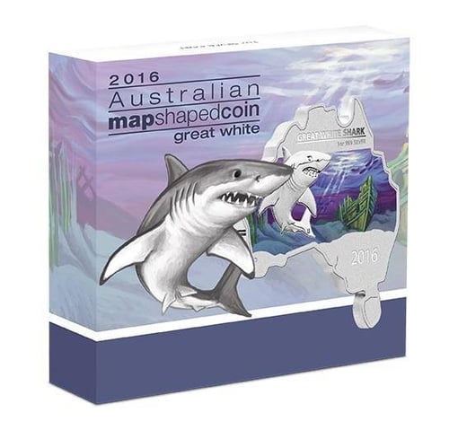 2016 great white shark - australian map series - 1oz. 999 silver coin - the perth mint
