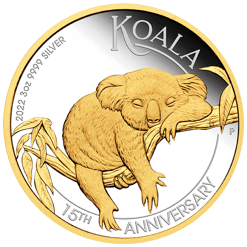 2022 Australian Koala 15th Anniversary 3oz .9999 Silver Proof Gilded Coin