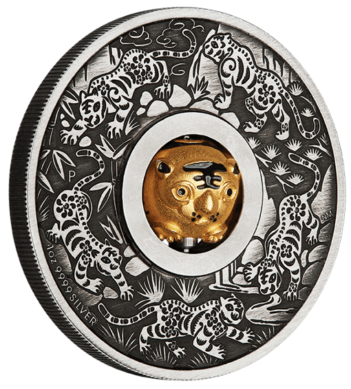2022 year of the tiger rotating charm 1oz. 9999 silver antiqued coin