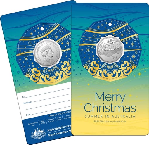 2021 50c beach christmas coin decoration in pop-out card - pack of 5 - cuni
