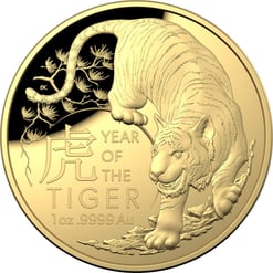 2022 $100 Lunar Year of the Tiger 1oz .9999 Gold Domed Proof Coin