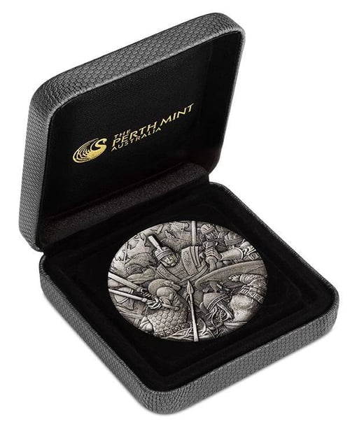 2018 warfare – roman legion 2oz. 9999 silver antiqued high relief rimless coin