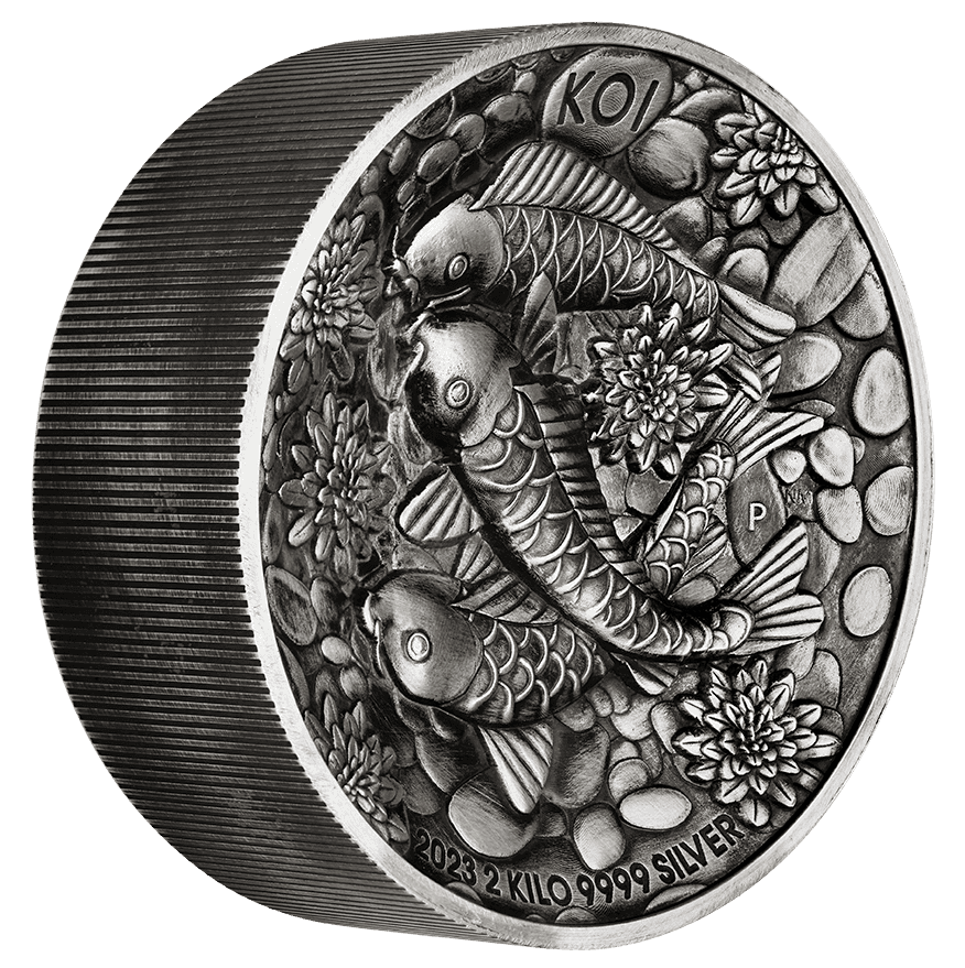 23P74AAA-2023-koi-fish-2-kilo-silver-antiqued-high-relief-coin-2023-koi-fish-2-kilo-silver-antiqued-high-relief-coin