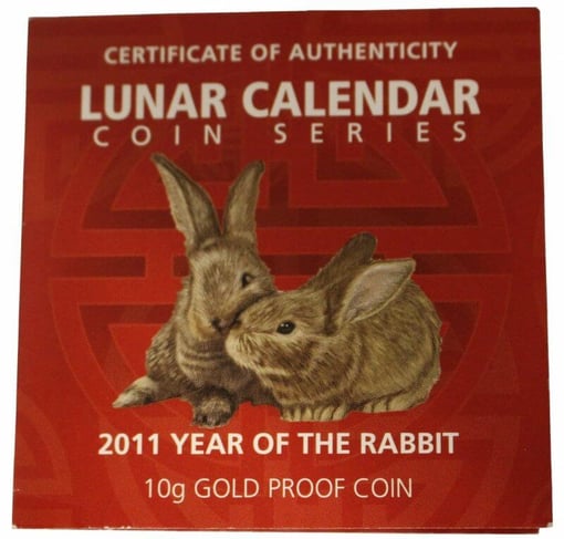 2011 year of the rabbit 10g. 9999 rectangular gold proof coin - lunar calendar coin series - perth mint