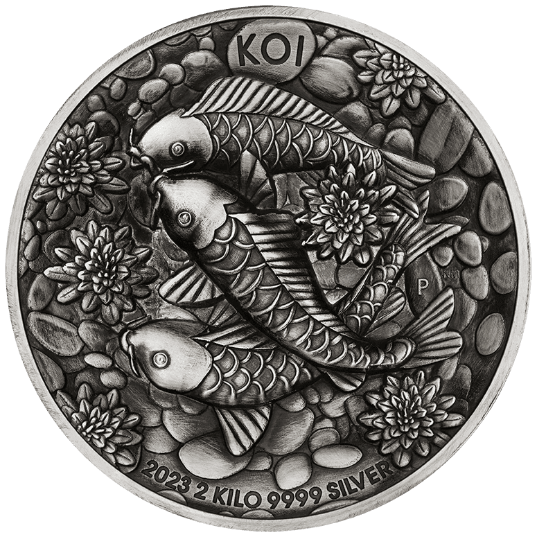 23P74AAA-2023-koi-fish-2-kilo-silver-antiqued-high-relief-coin-2023-koi-fish-2-kilo-silver-antiqued-high-relief-coin