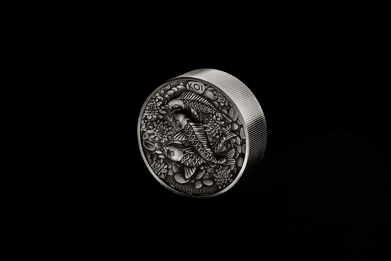 23P74AAA-2023-koi-fish-2-kilo-silver-antiqued-high-relief-coin-2023-koi-fish-2-kilo-silver-antiqued-high-relief-coin