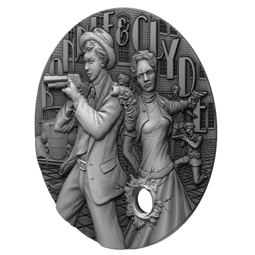 2022 the gangsters - bonnie & clyde 2oz silver ultra high relief antiqued coin