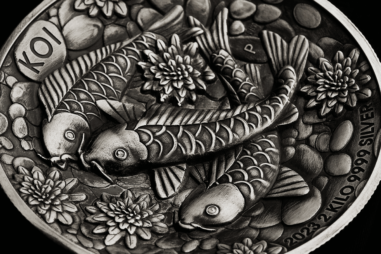 23P74AAA-2023-koi-fish-2-kilo-silver-antiqued-high-relief-coin-2023-koi-fish-2-kilo-silver-antiqued-high-relief-coin