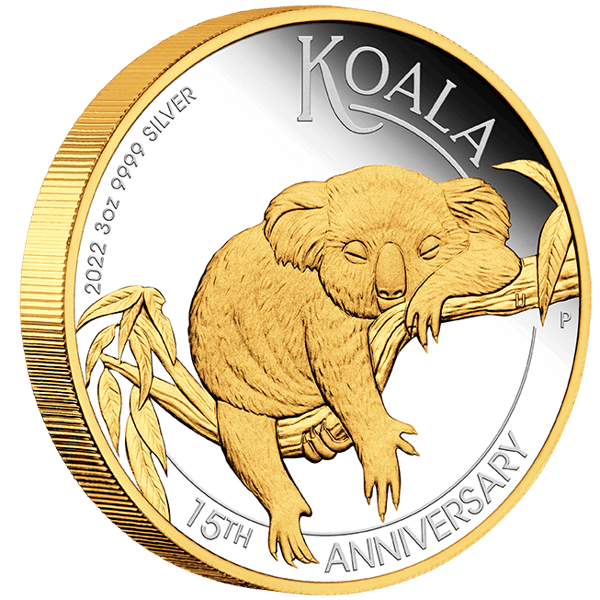 koala 22127YCAA-2022-australian-koala-15th-anniversary-3oz-9999-silver-proof-gilded-coin