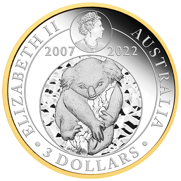 koala 22127YCAA-2022-australian-koala-15th-anniversary-3oz-9999-silver-proof-gilded-coin