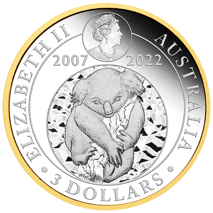 koala 22127YCAA-2022-australian-koala-15th-anniversary-3oz-9999-silver-proof-gilded-coin