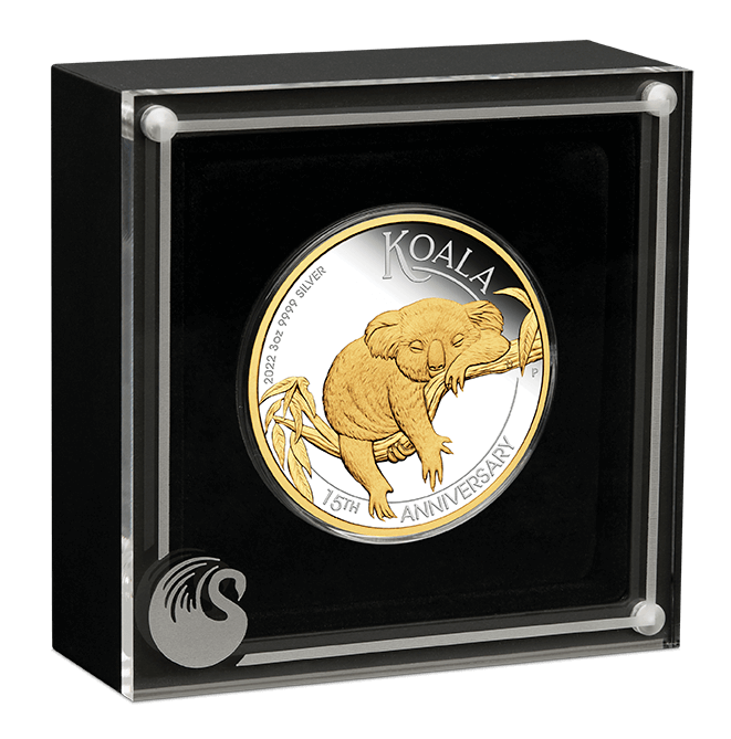 koala 22127YCAA-2022-australian-koala-15th-anniversary-3oz-9999-silver-proof-gilded-coin