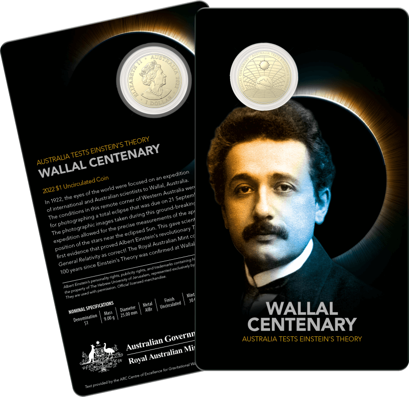 wallal 10801-2022-1-wallal-centenary-australia-tests-einsteins-theory-uncirculated-coin-in-card-albr