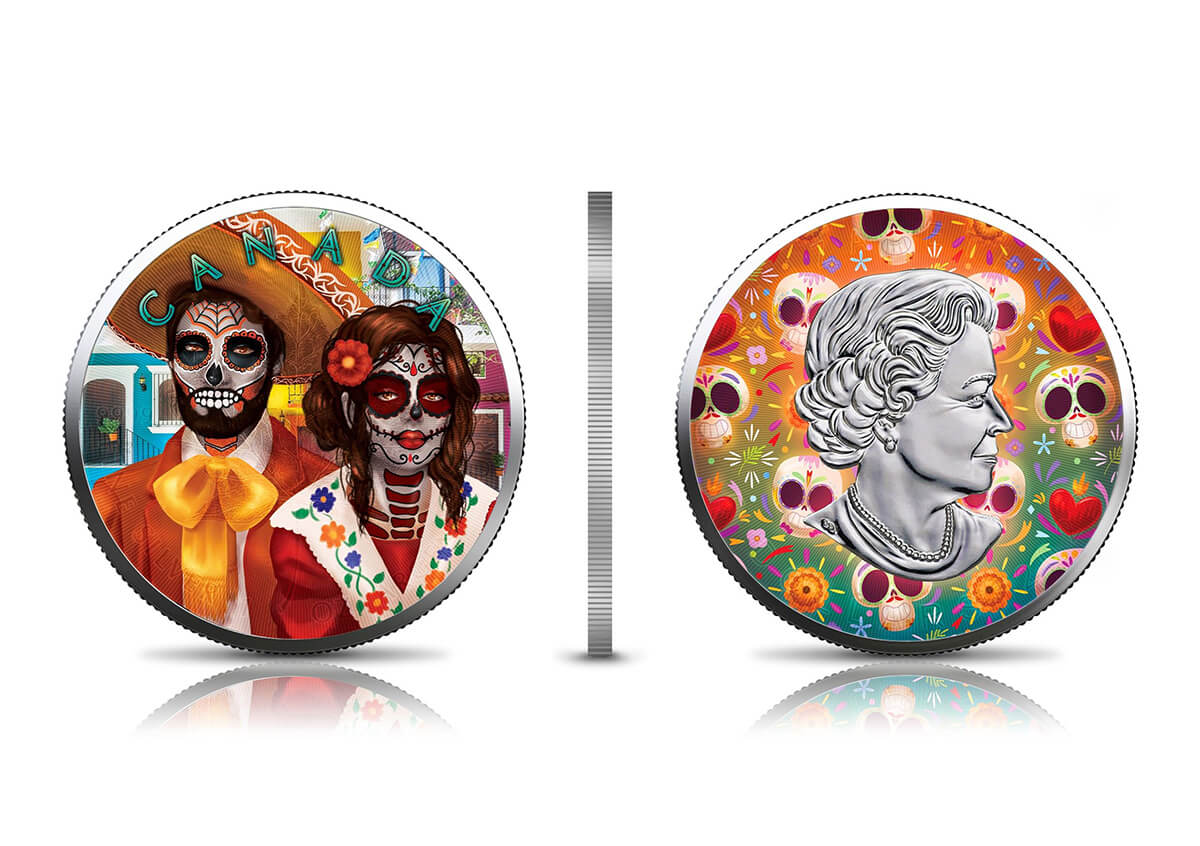 day of the dead 22DDM1O3CS-2022-dia-de-muertos-day-of-the-dead-maple-leaf-1oz-silver-3-coin-set-glow-in-the-dark