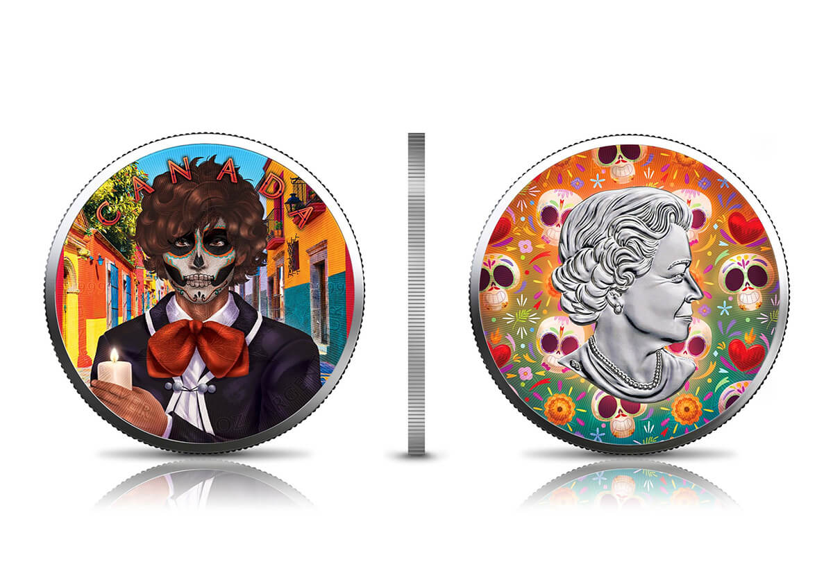 day of the dead 22DDM1O3CS-2022-dia-de-muertos-day-of-the-dead-maple-leaf-1oz-silver-3-coin-set-glow-in-the-dark