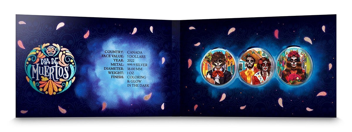 day of the dead 22DDM1O3CS-2022-dia-de-muertos-day-of-the-dead-maple-leaf-1oz-silver-3-coin-set-glow-in-the-dark
