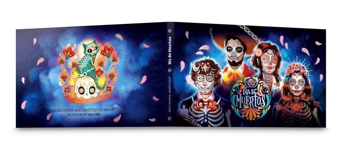 day of the dead 22DDM1O3CS-2022-dia-de-muertos-day-of-the-dead-maple-leaf-1oz-silver-3-coin-set-glow-in-the-dark
