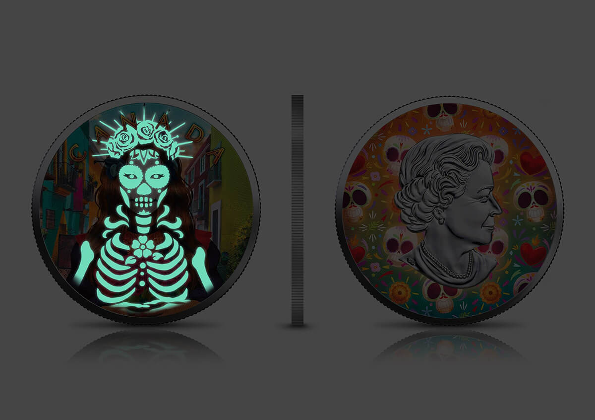 day of the dead 22DDM1O3CS-2022-dia-de-muertos-day-of-the-dead-maple-leaf-1oz-silver-3-coin-set-glow-in-the-dark