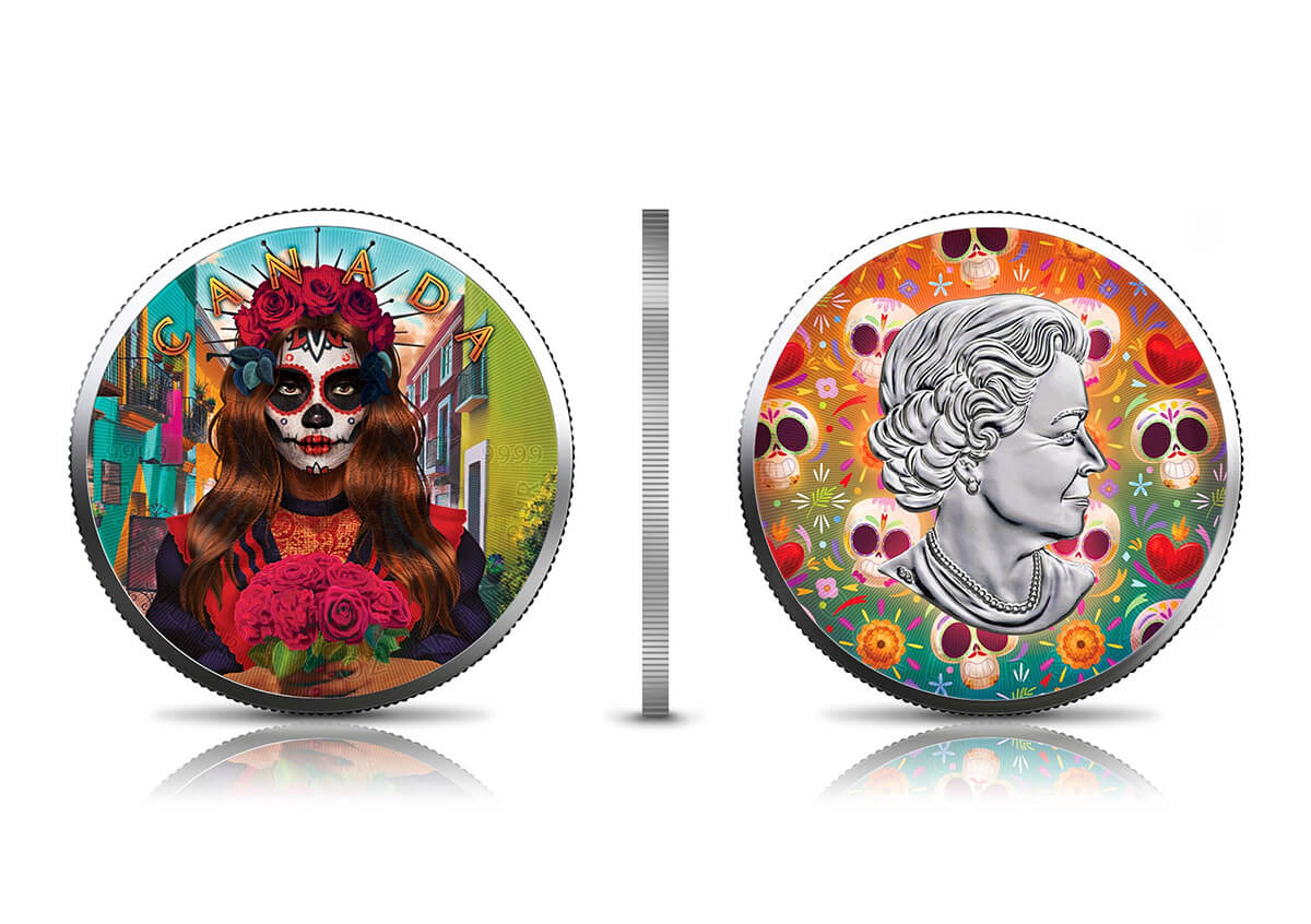 day of the dead 22DDM1O3CS-2022-dia-de-muertos-day-of-the-dead-maple-leaf-1oz-silver-3-coin-set-glow-in-the-dark