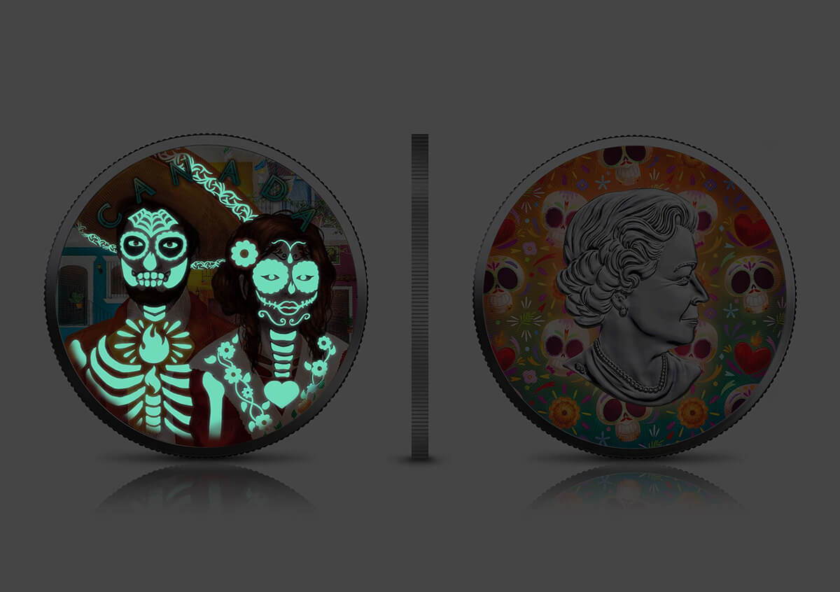 day of the dead 22DDM1O3CS-2022-dia-de-muertos-day-of-the-dead-maple-leaf-1oz-silver-3-coin-set-glow-in-the-dark