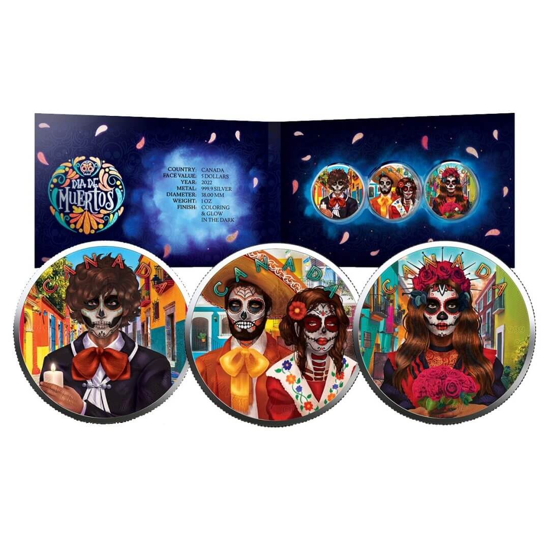 day of the dead 22DDM1O3CS-2022-dia-de-muertos-day-of-the-dead-maple-leaf-1oz-silver-3-coin-set-glow-in-the-dark