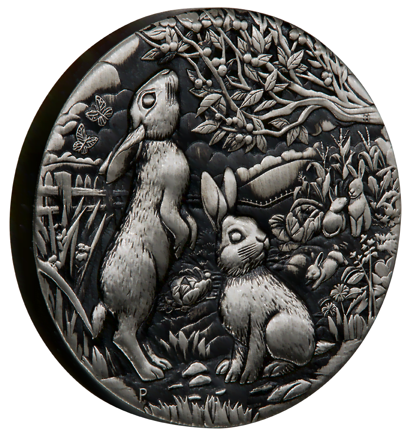 year of the rabbit 3S2306CGAA-2023-year-of-the-rabbit-2oz-silver-antiqued-coin