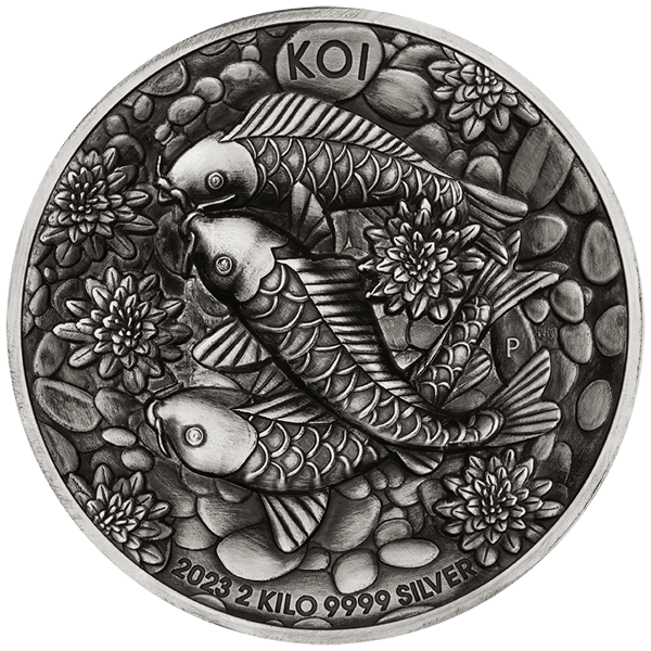 23P74AAA-2023-koi-fish-2-kilo-silver-antiqued-high-relief-coin