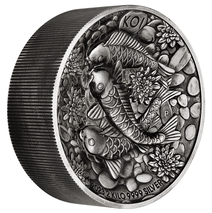 23P74AAA-2023-koi-fish-2-kilo-silver-antiqued-high-relief-coin