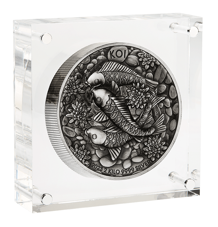 23P74AAA-2023-koi-fish-2-kilo-silver-antiqued-high-relief-coin