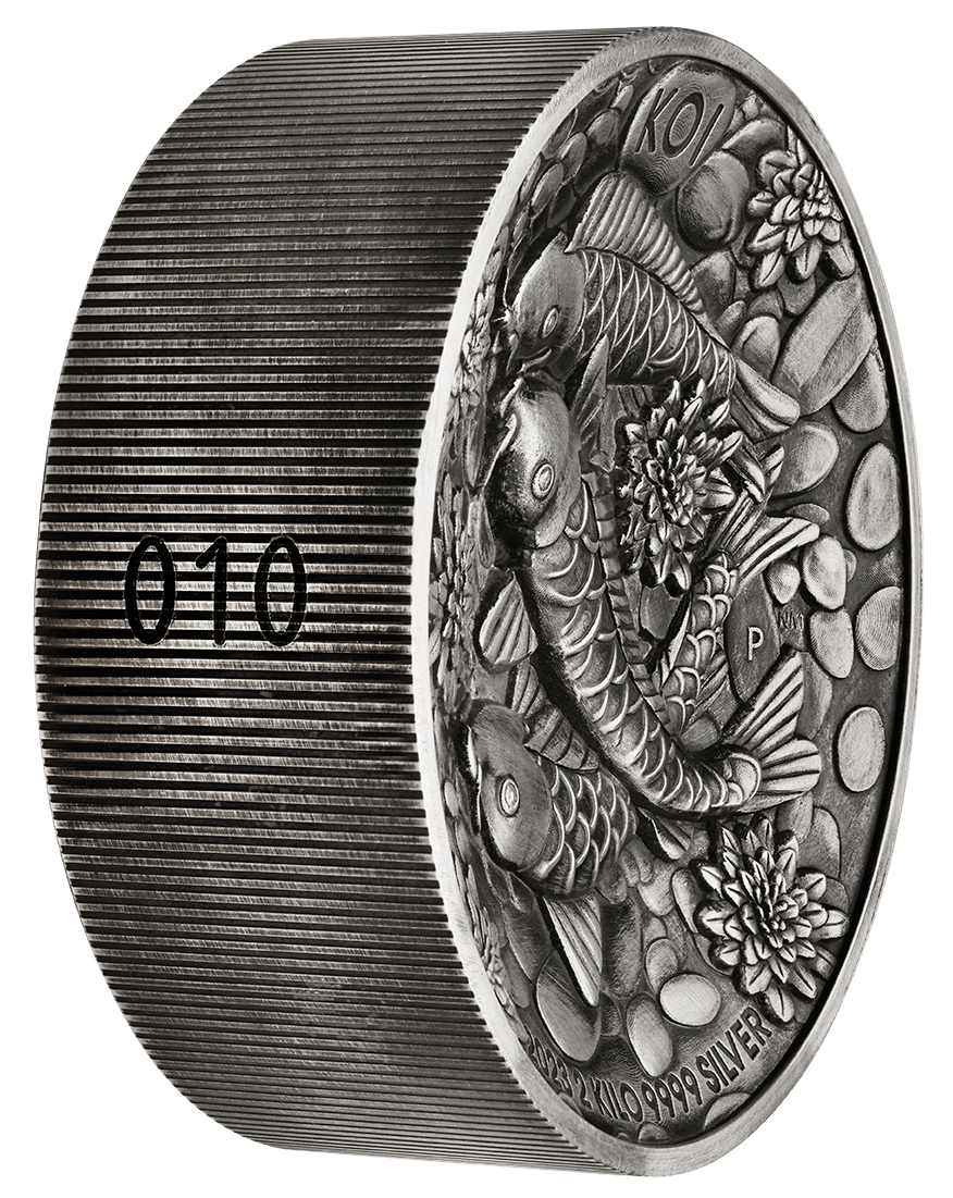 23P74AAA-2023-koi-fish-2-kilo-silver-antiqued-high-relief-coin