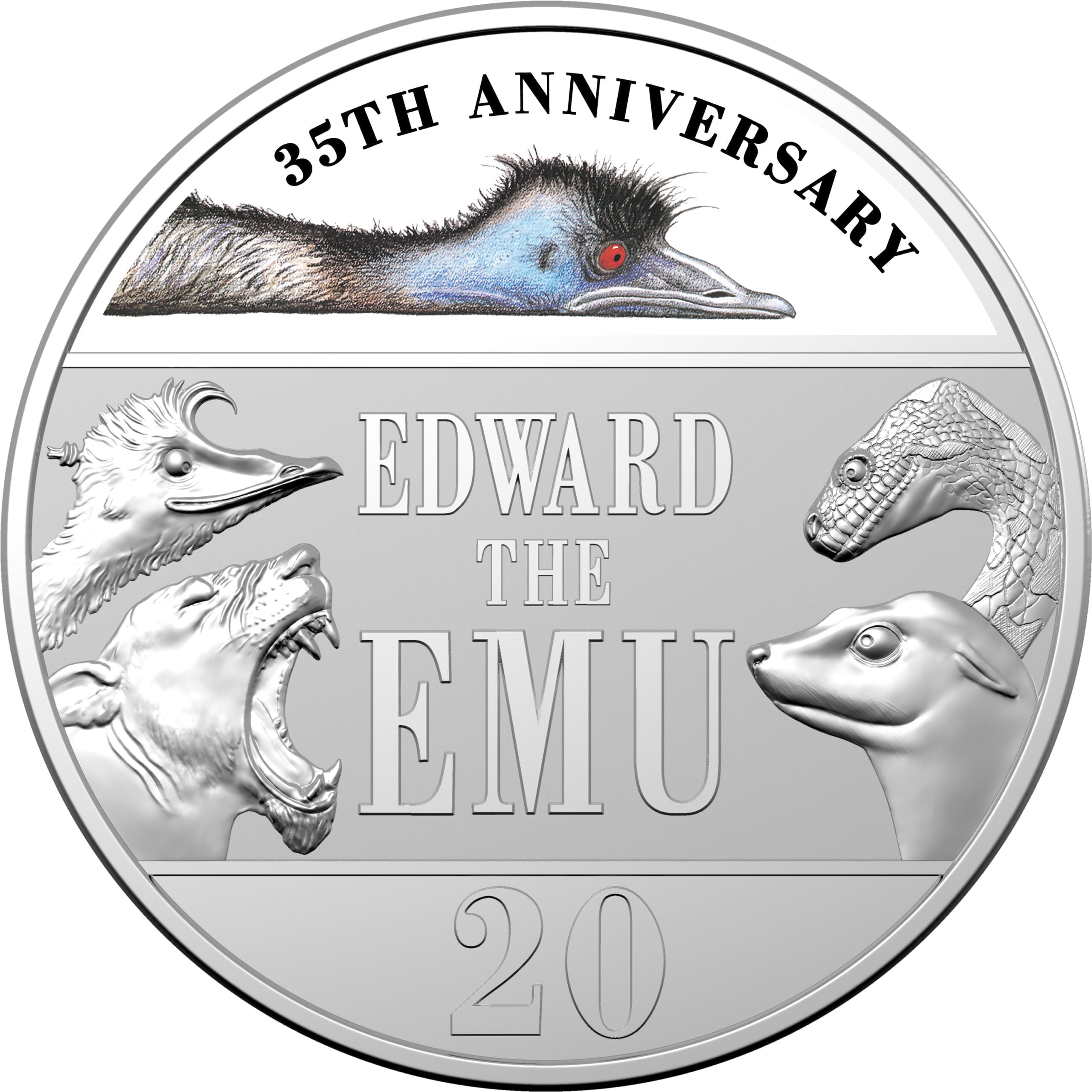edward the emu 11373-2023-20c-35th-anniversary-of-edward-the-emu-coloured-coin-in-special-edition-book-cuni