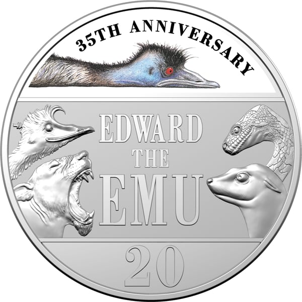 edward the emu 11373-2023-20c-35th-anniversary-of-edward-the-emu-coloured-coin-in-special-edition-book-cuni