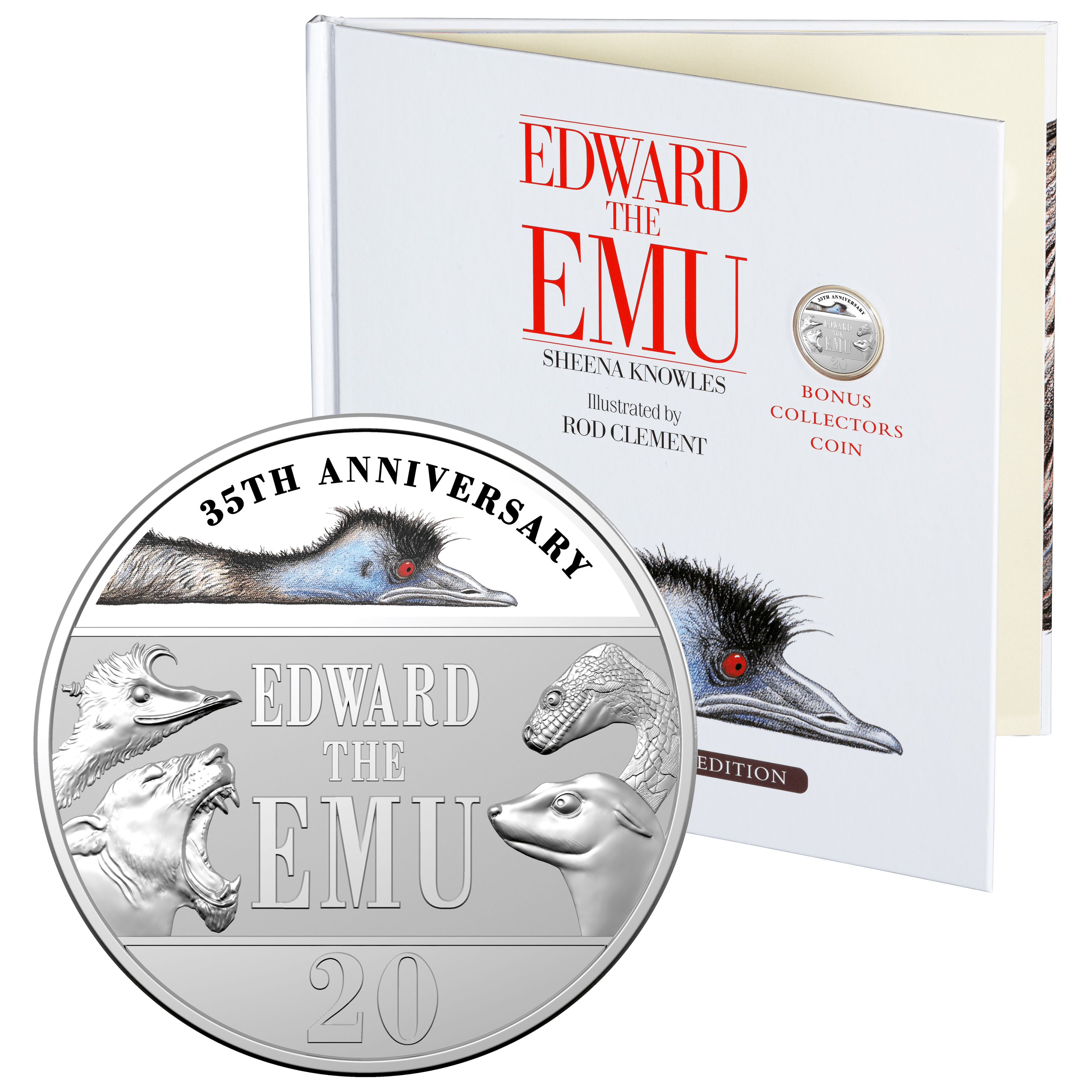 edward the emu 11373-2023-20c-35th-anniversary-of-edward-the-emu-coloured-coin-in-special-edition-book-cuni