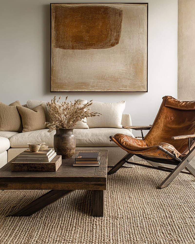 Elegant living room with cream boucle sofa and cognac leather accent chair