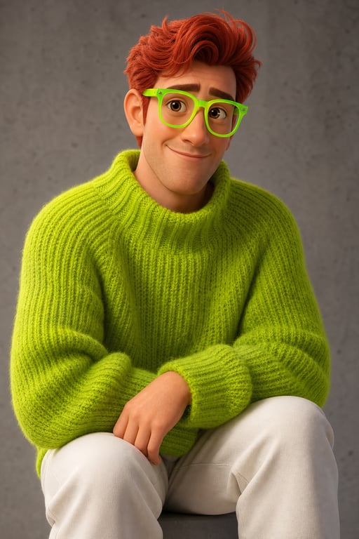 3D Classic Family Animation Style Smiling Red Haired Man With Fluorescent Green Glasses In Neon Green Sweater And White Trousers On Gray Concrete Background generated image