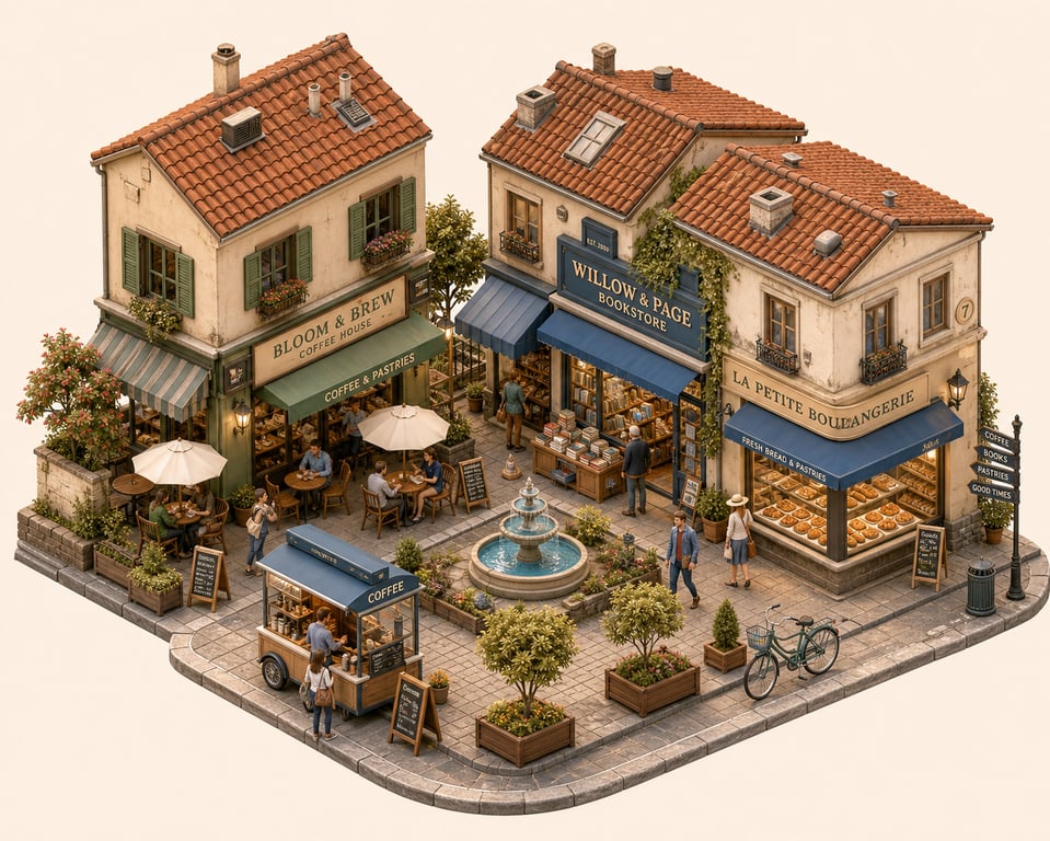Isometric 3D Miniature Two Block Cafe District Scene generated image