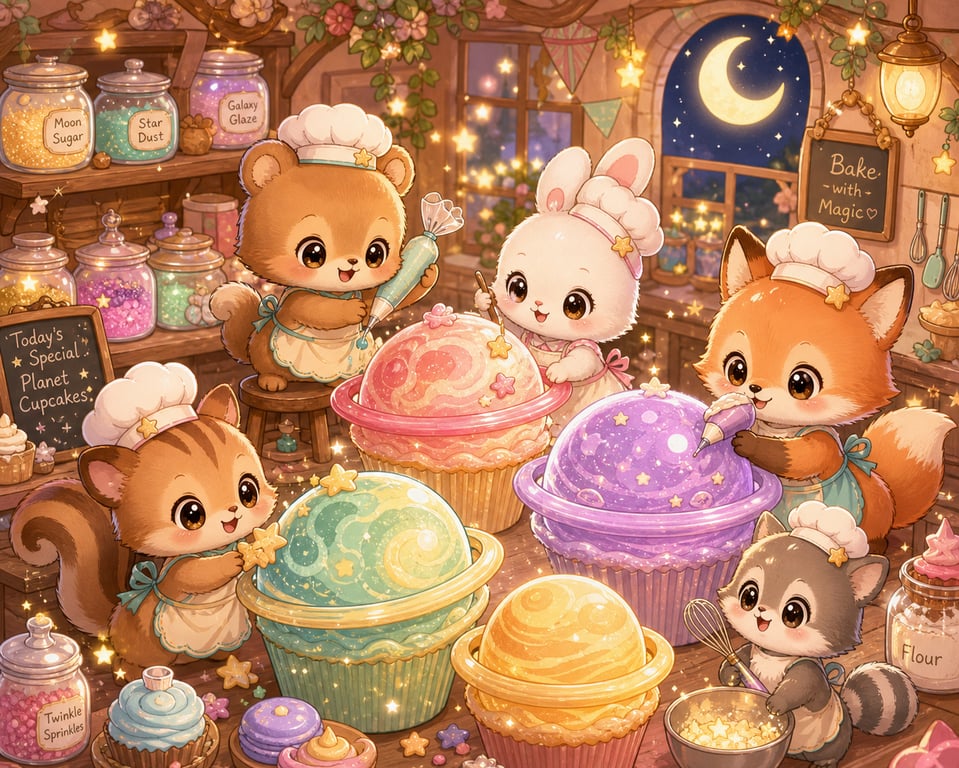 Chibi Forest Animals Magical Bakery With Planet Cupcakes generated image