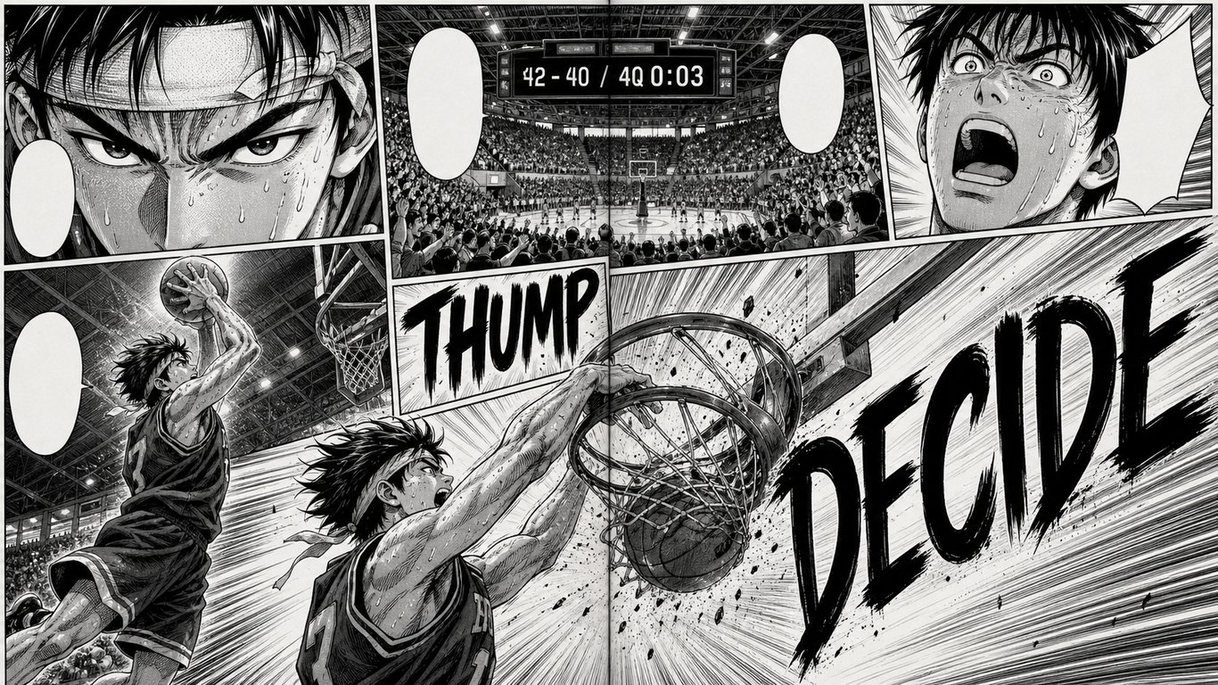 Black And White Shonen Basketball Manga Climactic Slam Dunk Two Page Spread generated image