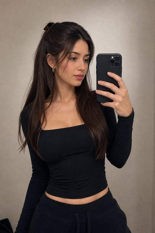 Young Woman Taking Indoor Squatting Mirror Selfie With Exact Reference Face Match reference image