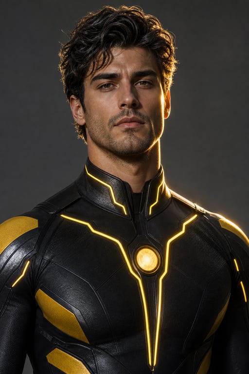 Futuristic Superhero In Nano Suit With Banana Chest Emblem Flying Over Neon City reference image