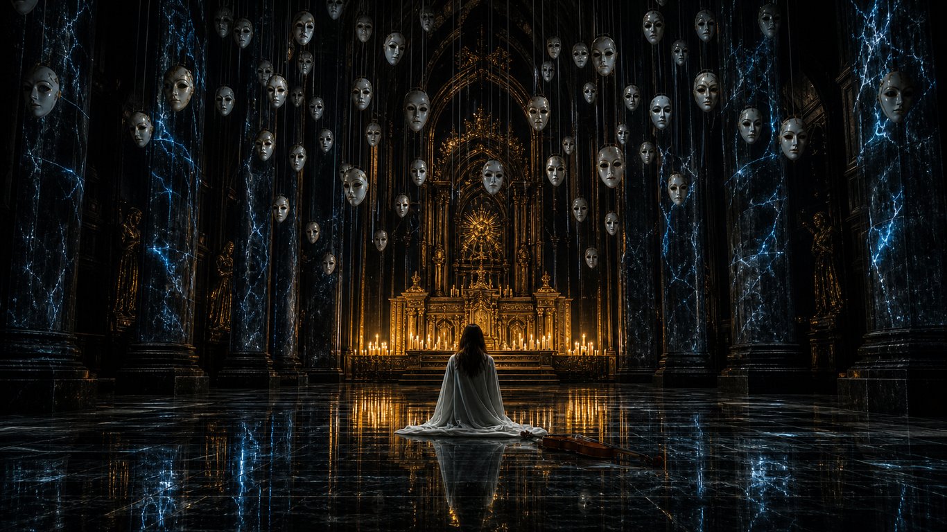 Dark Gothic Hall Kneeling White Robed Figure Golden Altar Floating Porcelain Masks Violin generated image