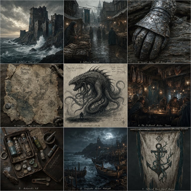 Saltwind Reach Dark Fantasy Worldbuilding Concept Art Set generated image