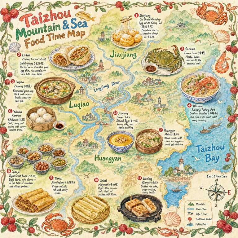 Hand Drawn Taizhou Themed Gourmet Map generated image