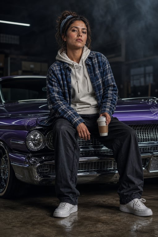 Hyper Realistic Cinematic Rebellious Woman Sitting On Purple Classic Lowrider In Dark Garage generated image