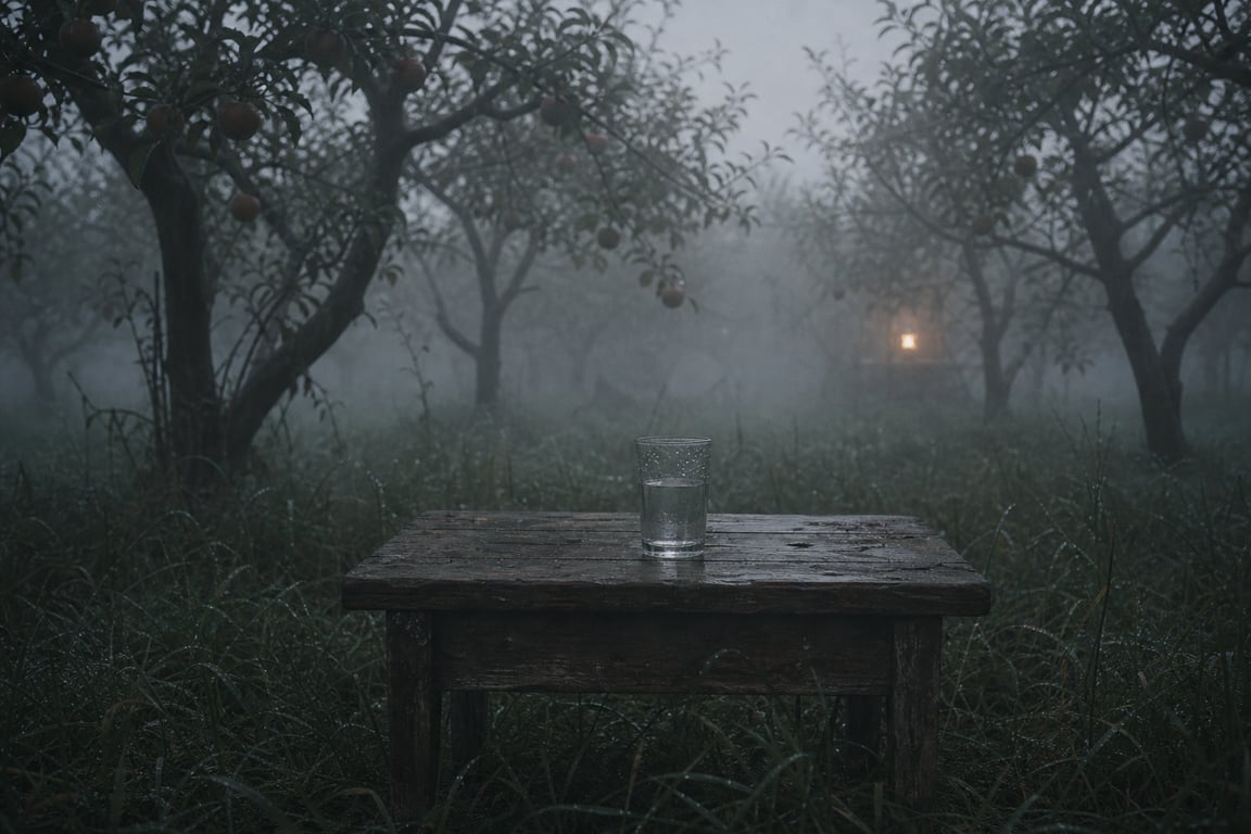 Contemplative Slow Cinema Misty Dawn Neglected Apple Orchard With Wooden Table And Water Glass generated image
