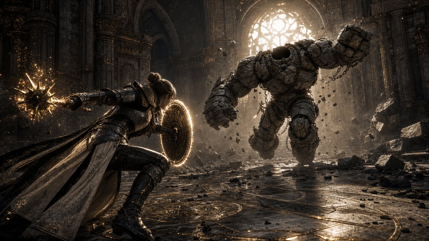 Dark Fantasy Knight Mage Fighting Headless Stone Golem In Ruined Cathedral generated image