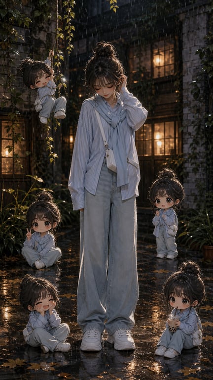 Ultra Realistic Cinematic Anime Night Portrait Of Cute Girl With Tiny Chibi Versions In Rainy Courtyard reference image