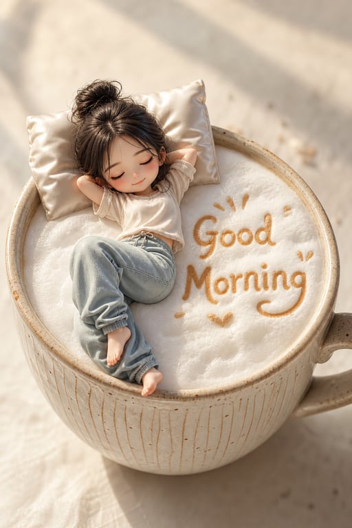 3D Realistic Cute Chibi Girl Resting On Creamy Latte Cup With Good Morning Text generated image