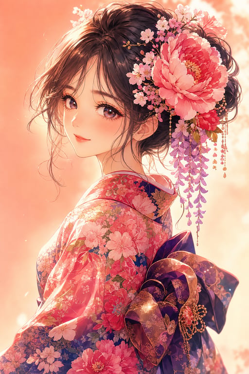 Anime Style Young Girl In Floral Kimono Digital Portrait generated image